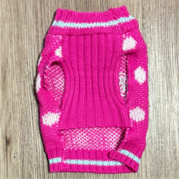 Pink Polka Dot “Sweet” Dog Sweater – XXS – Knit Pet Sweater with Sequin Heart - Picture 3 of 5